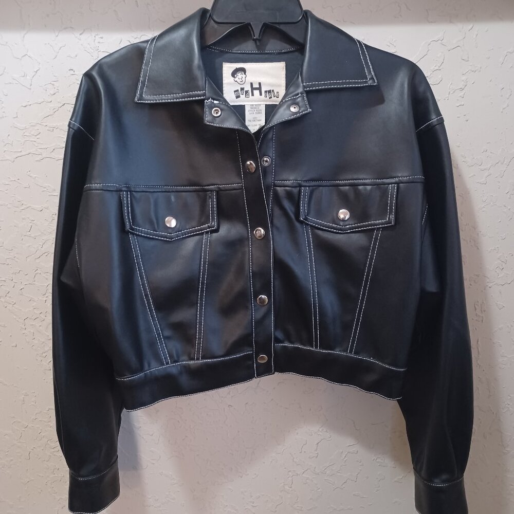 Mad House Womens M Cropped Moto Jacket Black Faux Leather Pleather USA Made